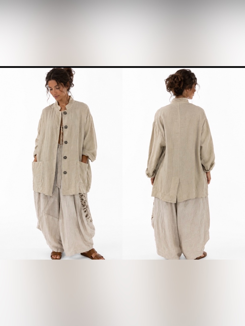 CP Shades Light Beige Linen Button-Front shirt Jacket hand dye Lagenlook S